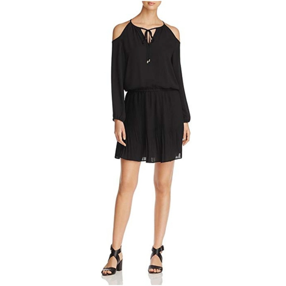 Pleated Black Mini Cocktail Cold Shoulder Dress